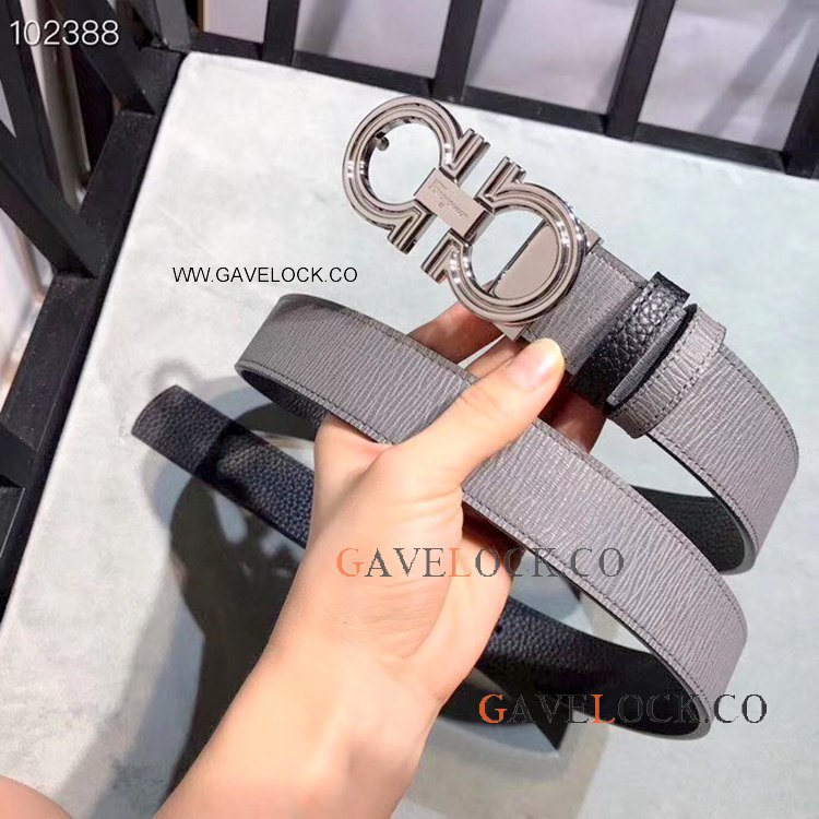 New Clone Salvatore Ferragamo Reversible Leather Belt Black- Gray Belts